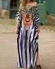 Printed Split-side Striped Batwing Sleeves Loose V-neck Maxi Dresses Beach Cover-Up