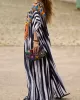 Printed Split-side Striped Batwing Sleeves Loose V-neck Maxi Dresses Beach Cover-Up