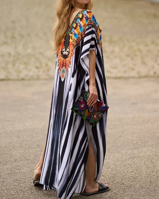 Printed Split-side Striped Batwing Sleeves Loose V-neck Maxi Dresses Beach Cover-Up