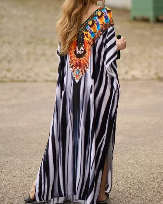 Printed Split-side Striped Batwing Sleeves Loose V-neck Maxi Dresses Beach Cover-Up