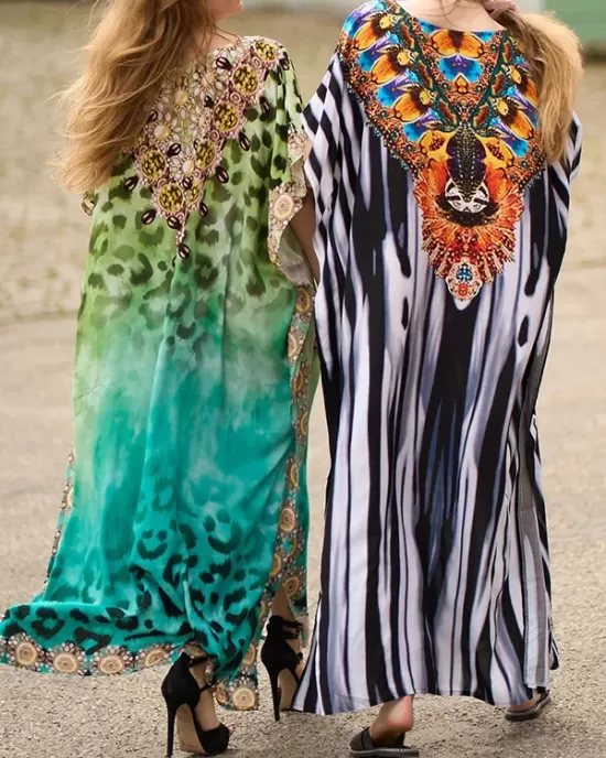 Printed Split-side Striped Batwing Sleeves Loose V-neck Maxi Dresses Beach Cover-Up