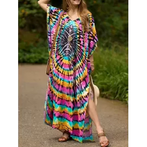 Printed Split-Side Batwing Sleeves Loose V-Neck Maxi Dresses Beach Cover-Up