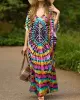 Printed Split-Side Batwing Sleeves Loose V-Neck Maxi Dresses Beach Cover-Up