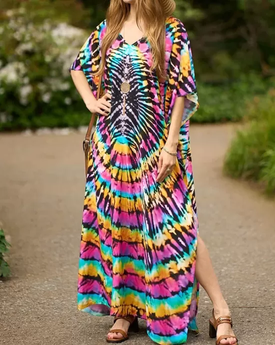 Printed Split-Side Batwing Sleeves Loose V-Neck Maxi Dresses Beach Cover-Up