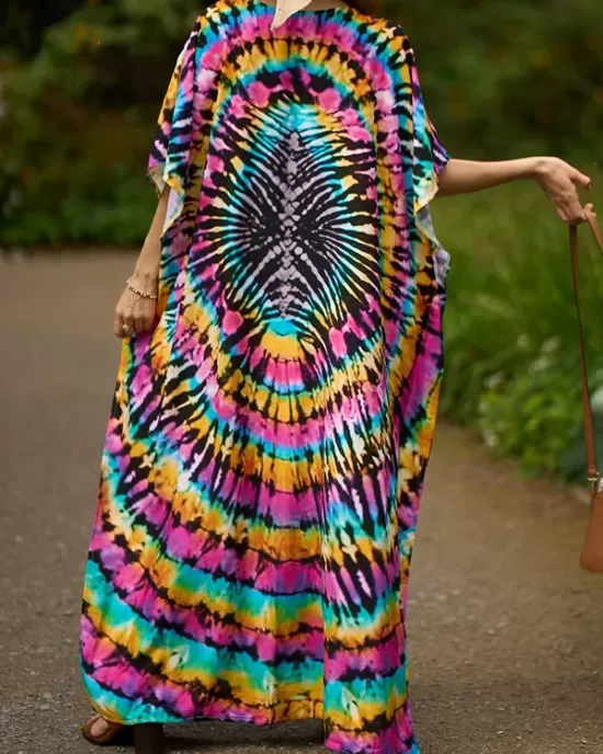 Printed Split-Side Batwing Sleeves Loose V-Neck Maxi Dresses Beach Cover-Up