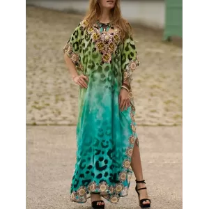 Leopard Printed Split-side Batwing Sleeves Loose V-neck Maxi Dresses Beach Cover-Up