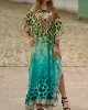 Leopard Printed Split-side Batwing Sleeves Loose V-neck Maxi Dresses Beach Cover-Up