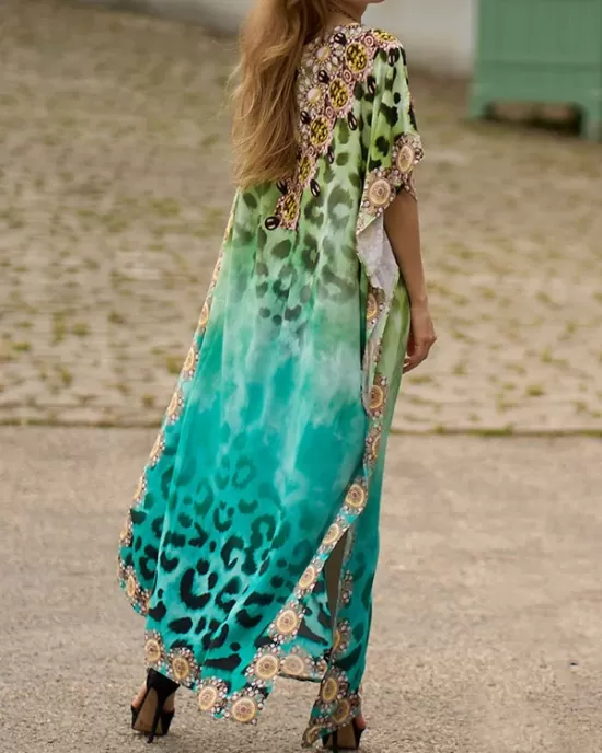 Leopard Printed Split-side Batwing Sleeves Loose V-neck Maxi Dresses Beach Cover-Up