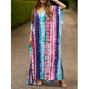 Contrast Color Printed Split-Side Batwing Sleeves Loose V-Neck Maxi Dresses Beach Cover-Up