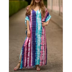 Contrast Color Printed Split-Side Batwing Sleeves Loose V-Neck Maxi Dresses Beach Cover-Up