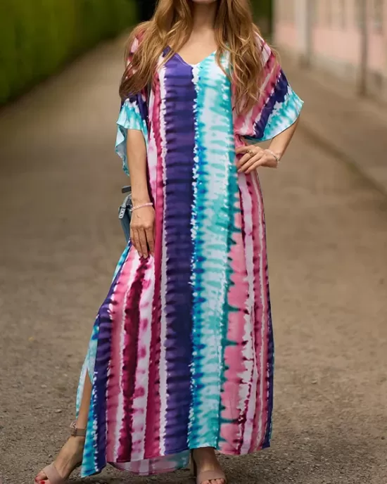 Contrast Color Printed Split-Side Batwing Sleeves Loose V-Neck Maxi Dresses Beach Cover-Up