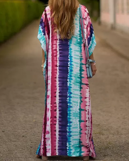 Contrast Color Printed Split-Side Batwing Sleeves Loose V-Neck Maxi Dresses Beach Cover-Up