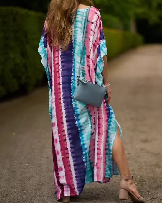 Contrast Color Printed Split-Side Batwing Sleeves Loose V-Neck Maxi Dresses Beach Cover-Up