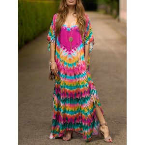 Split-side Tie-dyed Batwing Sleeves Loose V-neck Maxi Dresses Beach Cover-Up