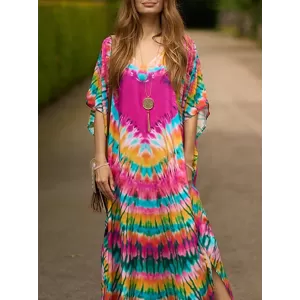 Split-side Tie-dyed Batwing Sleeves Loose V-neck Maxi Dresses Beach Cover-Up