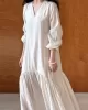 Elasticity Pleated Solid Color Split-Joint Zipper High Waisted Long Sleeves V-Neck Midi Dresses