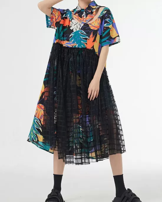 Buttoned Hollow Mesh Printed Split-Joint A-Line Loose Lapel Midi Dresses