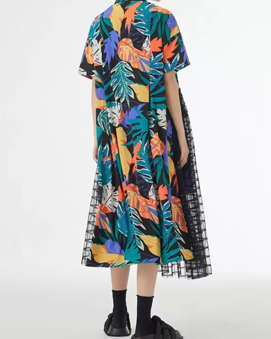 Buttoned Hollow Mesh Printed Split-Joint A-Line Loose Lapel Midi Dresses