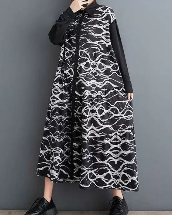 Buttoned Contrast Color Printed A-Line Long Sleeves Lapel Shirt Dress Midi Dresses