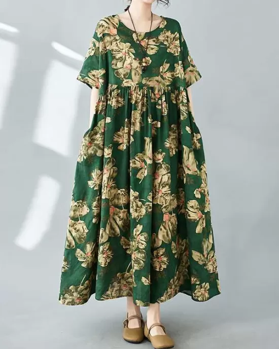 Flower Print Pleated Pockets Half Sleeves Loose Round-neck Midi Dresses