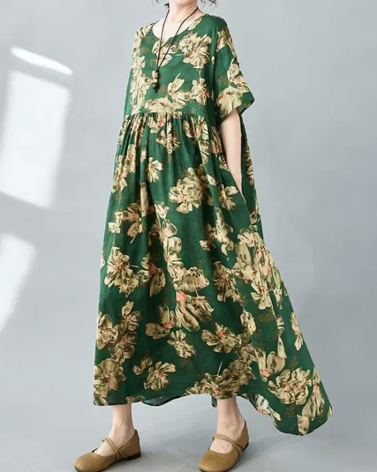 Flower Print Pleated Pockets Half Sleeves Loose Round-neck Midi Dresses