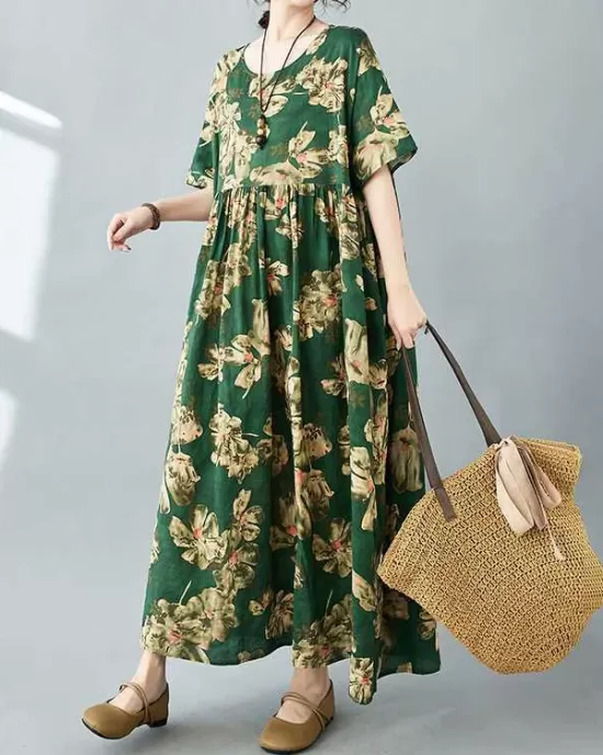 Flower Print Pleated Pockets Half Sleeves Loose Round-neck Midi Dresses