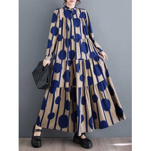 Buttoned Pleated Polka-Dot Split-Joint A-Line Long Sleeves Stand Collar Shirt Dress Maxi Dresses