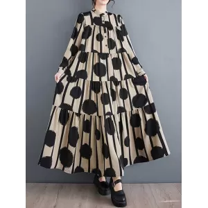 Buttoned Pleated Polka-Dot Split-Joint A-Line Long Sleeves Stand Collar Shirt Dress Maxi Dresses