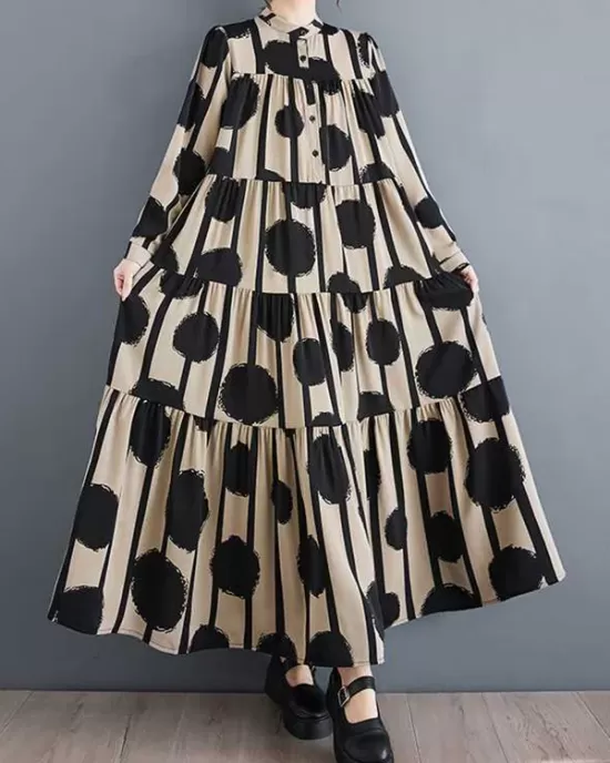 Buttoned Pleated Polka-Dot Split-Joint A-Line Long Sleeves Stand Collar Shirt Dress Maxi Dresses