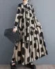 Buttoned Pleated Polka-Dot Split-Joint A-Line Long Sleeves Stand Collar Shirt Dress Maxi Dresses