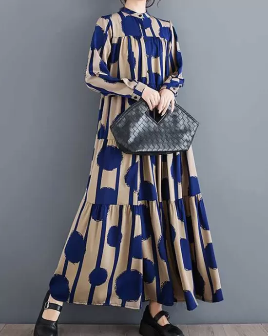 Buttoned Pleated Polka-Dot Split-Joint A-Line Long Sleeves Stand Collar Shirt Dress Maxi Dresses