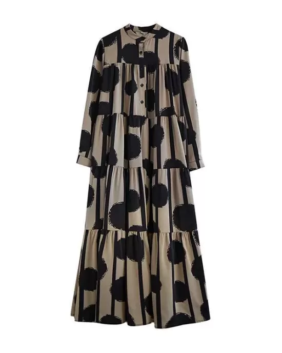 Buttoned Pleated Polka-Dot Split-Joint A-Line Long Sleeves Stand Collar Shirt Dress Maxi Dresses