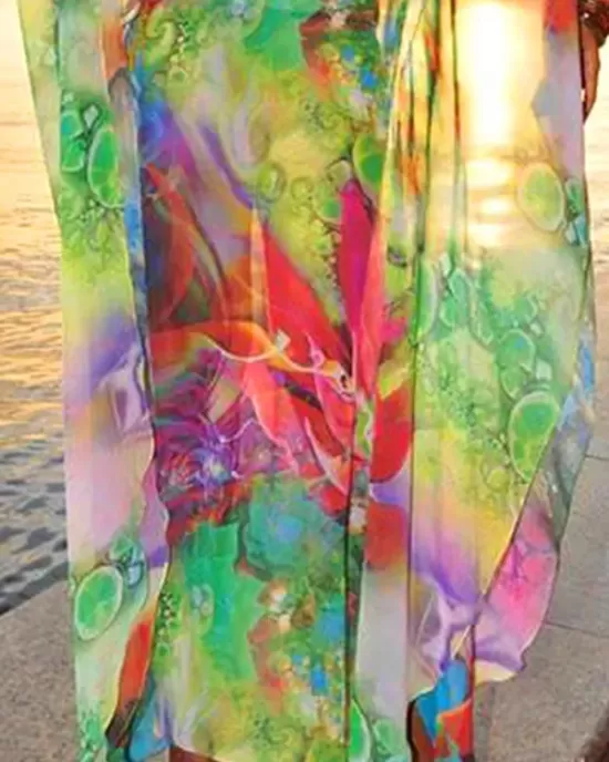 Batwing Sleeves Loose Printed See-Through Split-Joint V-Neck Cover-Ups Maxi Dresses