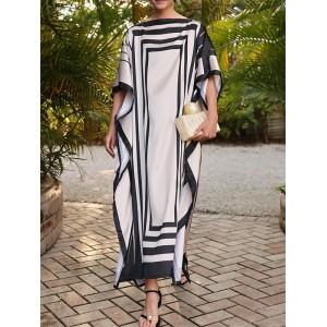 Batwing Sleeves Loose Printed Split-Side Striped Boat Neck Maxi Dresses