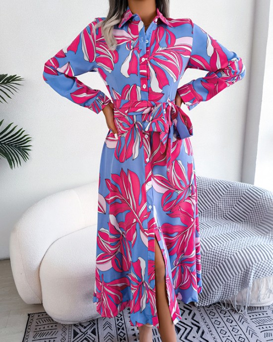 Printed Split-Joint Tied Waist Long Sleeves Loose Lapel Shirt Dress