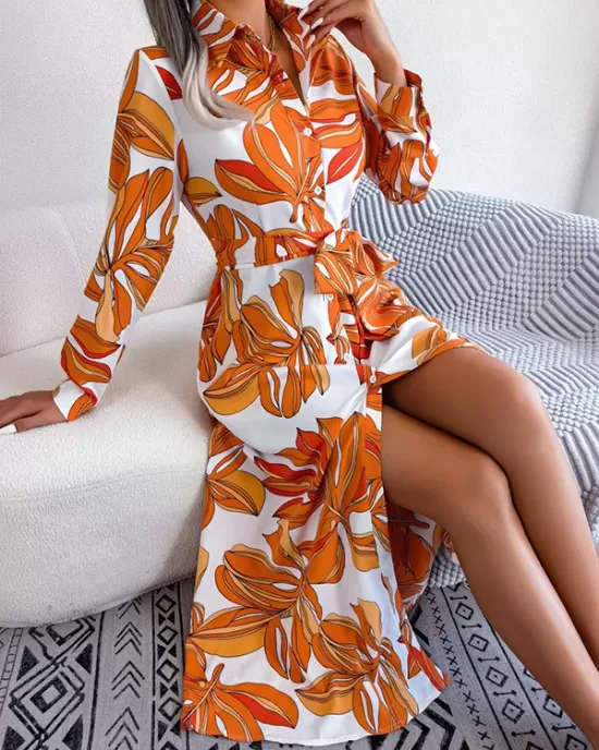 Printed Split-Joint Tied Waist Long Sleeves Loose Lapel Shirt Dress