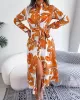 Printed Split-Joint Tied Waist Long Sleeves Loose Lapel Shirt Dress