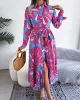 Printed Split-Joint Tied Waist Long Sleeves Loose Lapel Shirt Dress