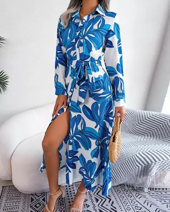 Printed Split-Joint Tied Waist Long Sleeves Loose Lapel Shirt Dress