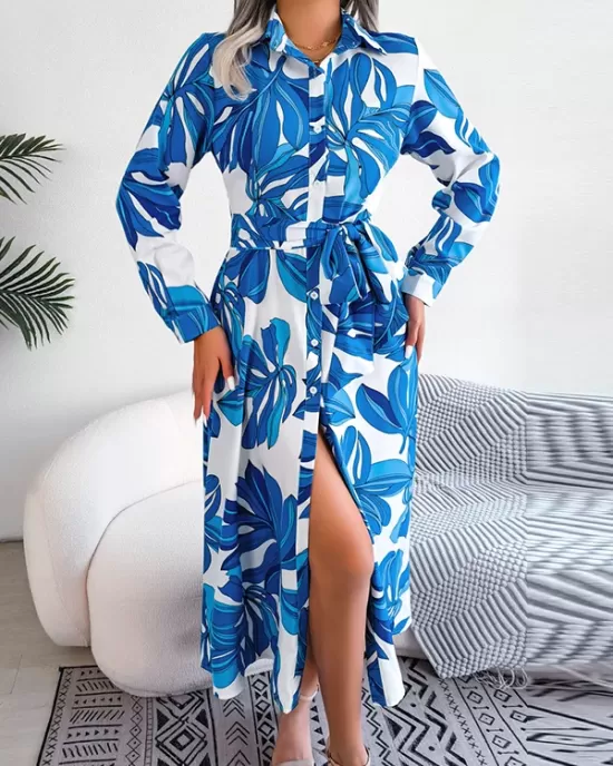 Printed Split-Joint Tied Waist Long Sleeves Loose Lapel Shirt Dress