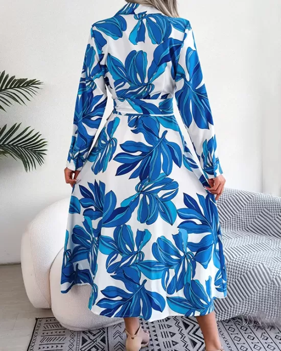 Printed Split-Joint Tied Waist Long Sleeves Loose Lapel Shirt Dress