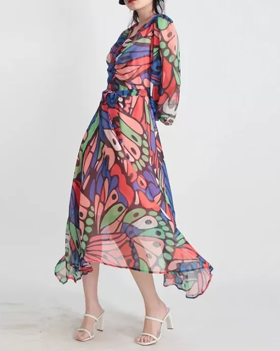 Buttoned Printed Split-Joint High Waisted Long Sleeves V-Neck Midi Dresses