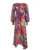 Buttoned Printed Split-Joint High Waisted Long Sleeves V-Neck Midi Dresses