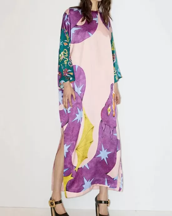 Printed Split-Side A-Line Long Sleeves Round-Neck Maxi Dresses