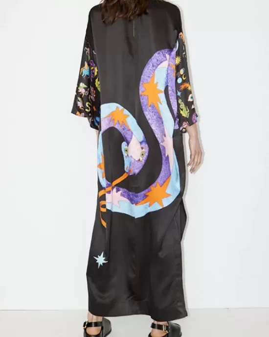 Printed Split-Side A-Line Long Sleeves Round-Neck Maxi Dresses