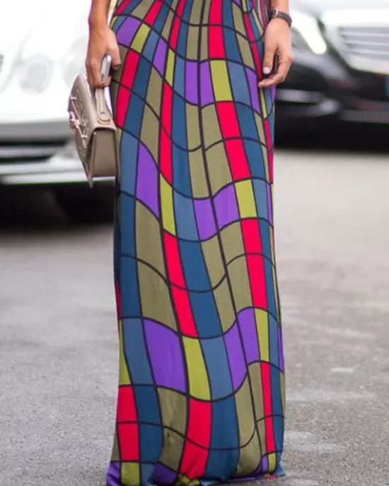 Skinny Sleeveless Contrast Color Plaid Printed High Neck Maxi Dresses