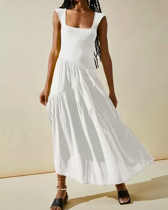 Backless Elasticity Lace-Up Pleated Solid Color Split-Joint Loose Sleeveless Square-Neck Maxi Dresses