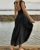 Backless Elasticity Lace-Up Pleated Solid Color Split-Joint Loose Sleeveless Square-Neck Maxi Dresses