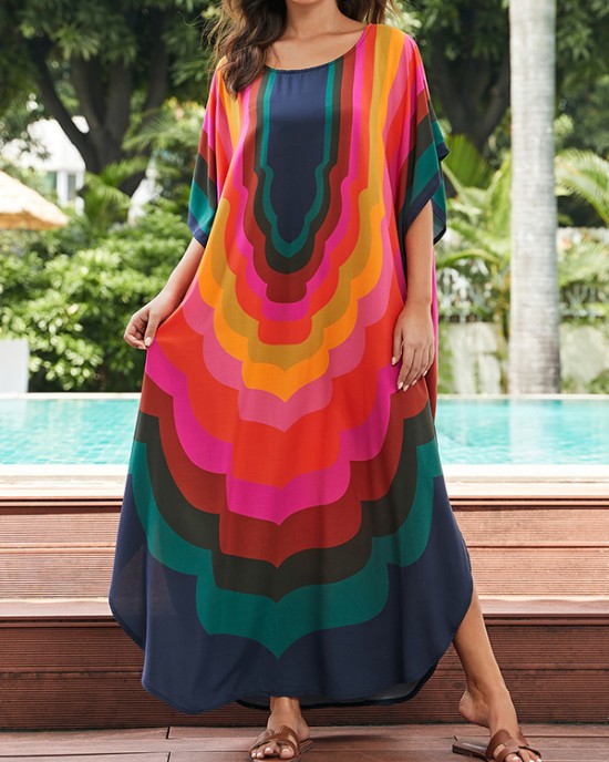 Contrast Color Printed Sun Protection Batwing Sleeves Loose Round-Neck Maxi Dresses