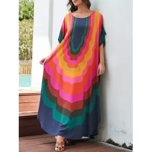 Contrast Color Printed Sun Protection Batwing Sleeves Loose Round-Neck Maxi Dresses